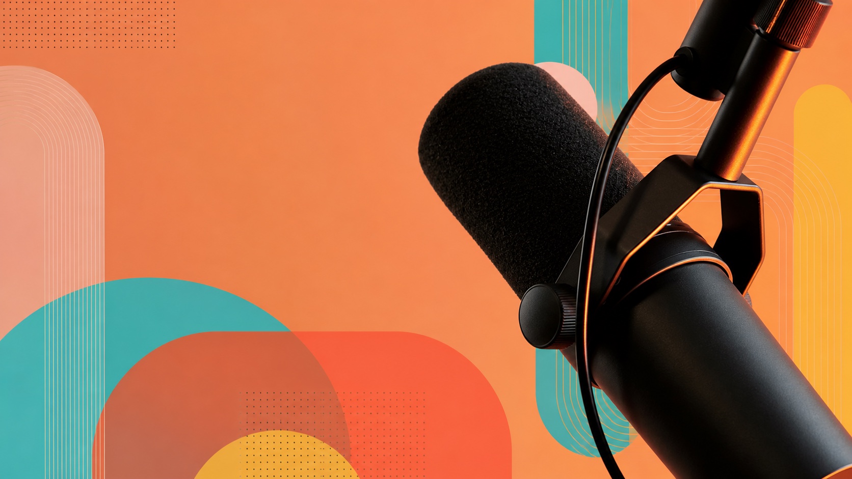 Branded podcast cover artwork with a microphone and geometric colour treatment